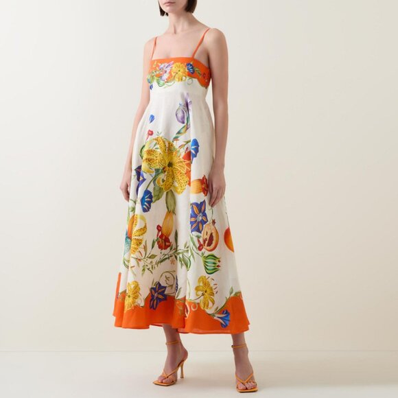 Alemais Pomegranate Floral Print Square-Neck Linen Midi Dress - Picture 3 of 12